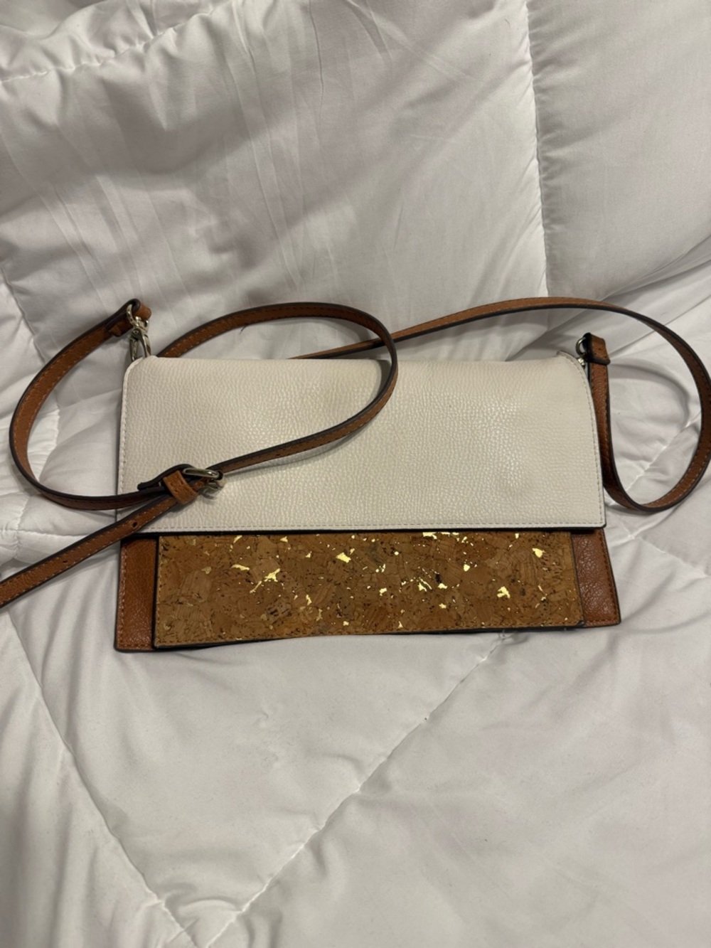 CHICOS- White and Brown Crossbody Bag with Gold Accents